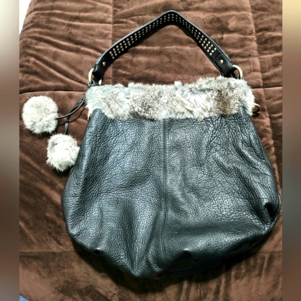 Diane Gail Women's Rabbit Fur Leather Trim Shoulder Bag Tote with Pompoms